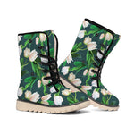 White Tulip Pattern Print Winter Boots