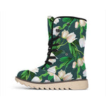 White Tulip Pattern Print Winter Boots