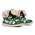 White Tulip Pattern Print Winter Boots