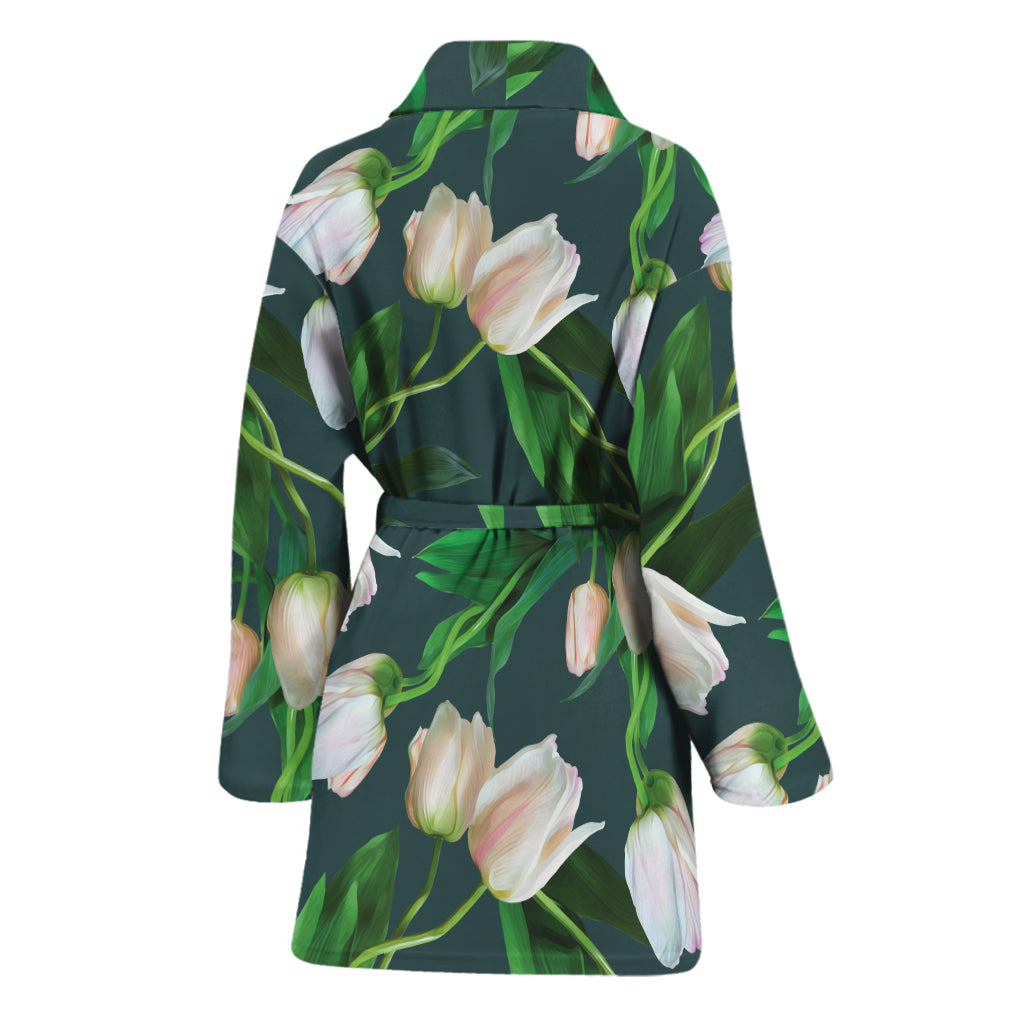 White Tulip Pattern Print Women's Bathrobe
