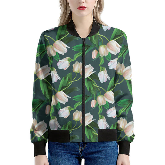 White Tulip Pattern Print Women's Bomber Jacket