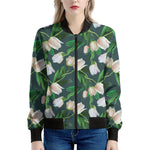 White Tulip Pattern Print Women's Bomber Jacket