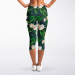 White Tulip Pattern Print Women's Capri Leggings