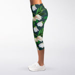 White Tulip Pattern Print Women's Capri Leggings