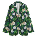 White Tulip Pattern Print Women's Cotton Blazer