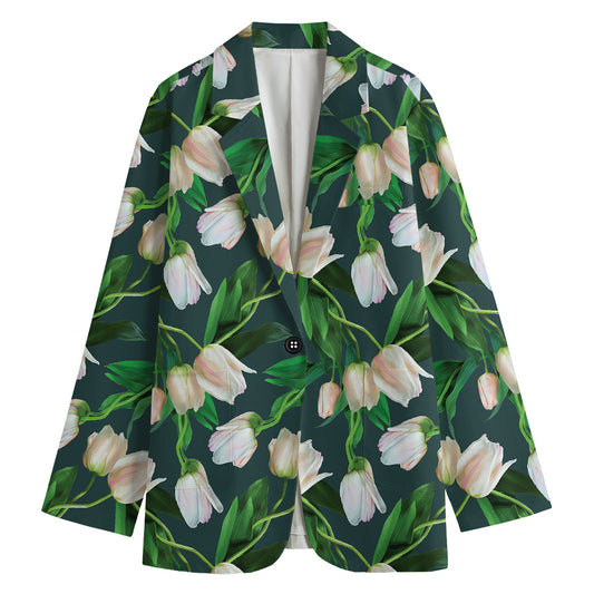 White Tulip Pattern Print Women's Cotton Blazer
