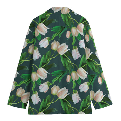 White Tulip Pattern Print Women's Cotton Blazer