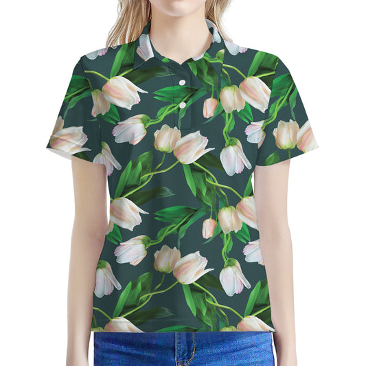 White Tulip Pattern Print Women's Polo Shirt