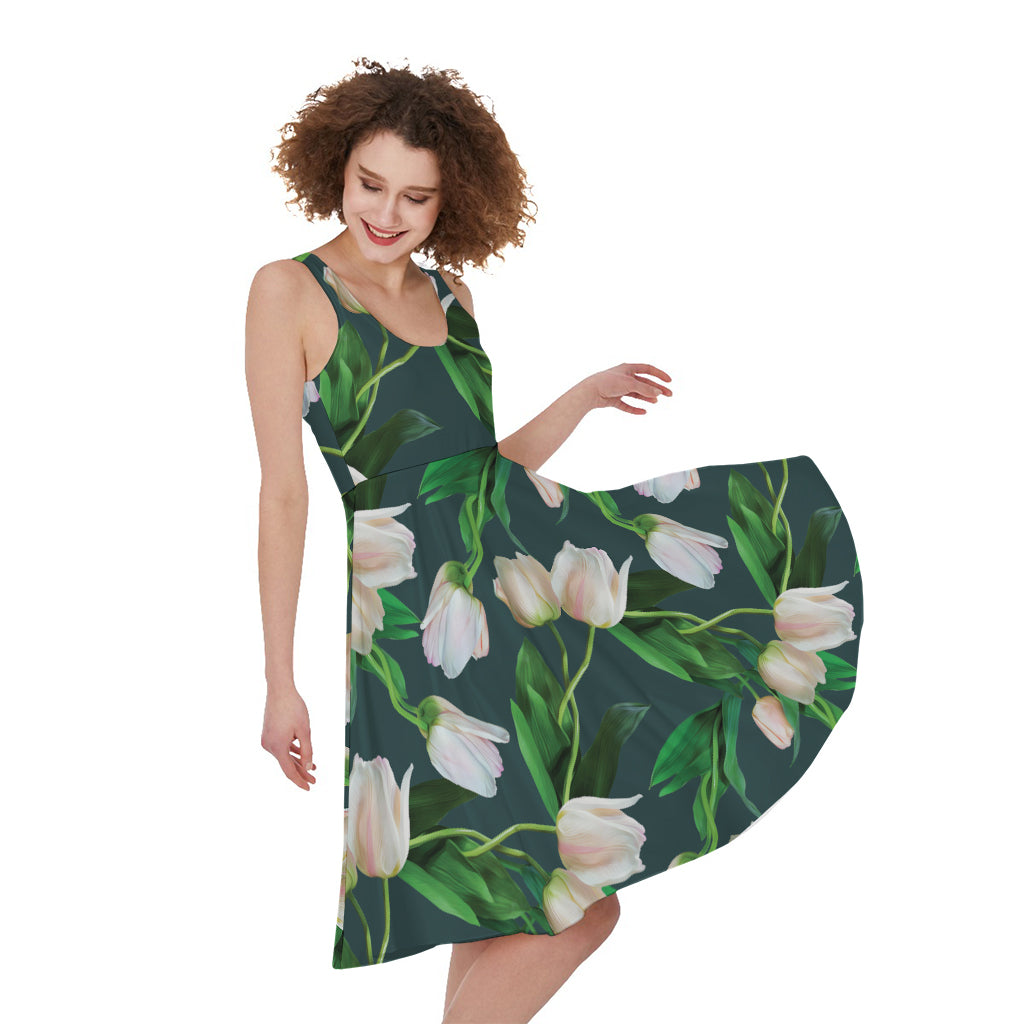 White Tulip Pattern Print Women's Sleeveless Dress