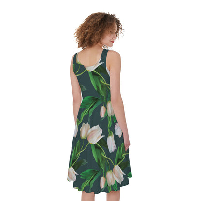 White Tulip Pattern Print Women's Sleeveless Dress
