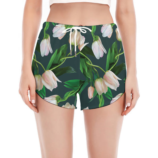White Tulip Pattern Print Women's Split Running Shorts