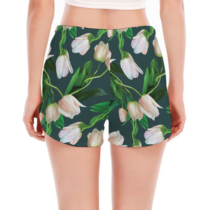 White Tulip Pattern Print Women's Split Running Shorts