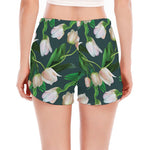 White Tulip Pattern Print Women's Split Running Shorts
