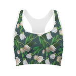 White Tulip Pattern Print Women's Sports Bra