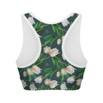 White Tulip Pattern Print Women's Sports Bra