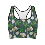 White Tulip Pattern Print Women's Sports Bra