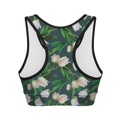 White Tulip Pattern Print Women's Sports Bra