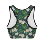 White Tulip Pattern Print Women's Sports Bra