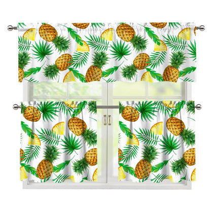 White Watercolor Pineapple Pattern Print 3 Piece Kitchen Curtains