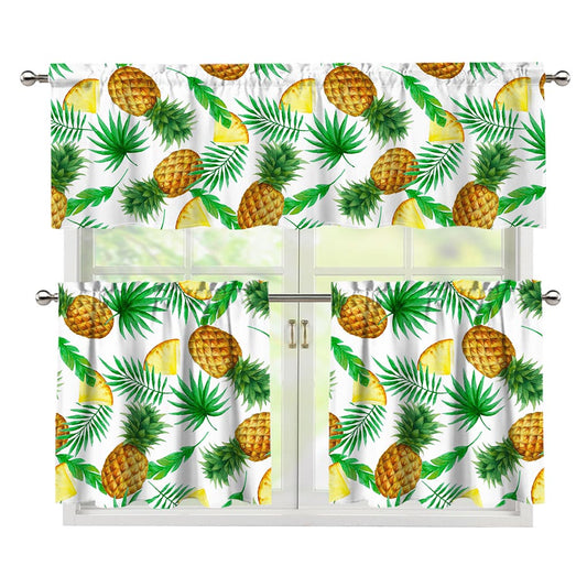 White Watercolor Pineapple Pattern Print 3 Piece Kitchen Curtains