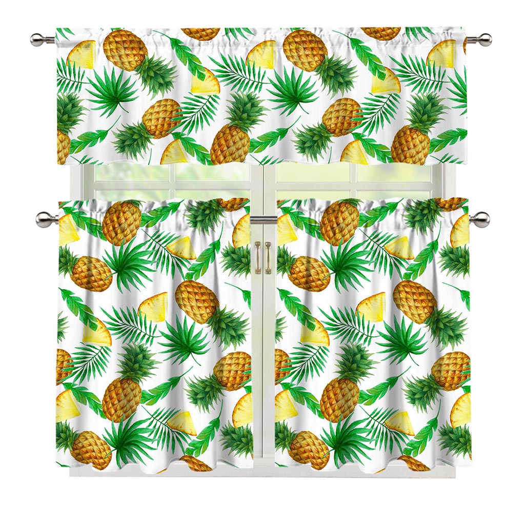 White Watercolor Pineapple Pattern Print 3 Piece Kitchen Curtains