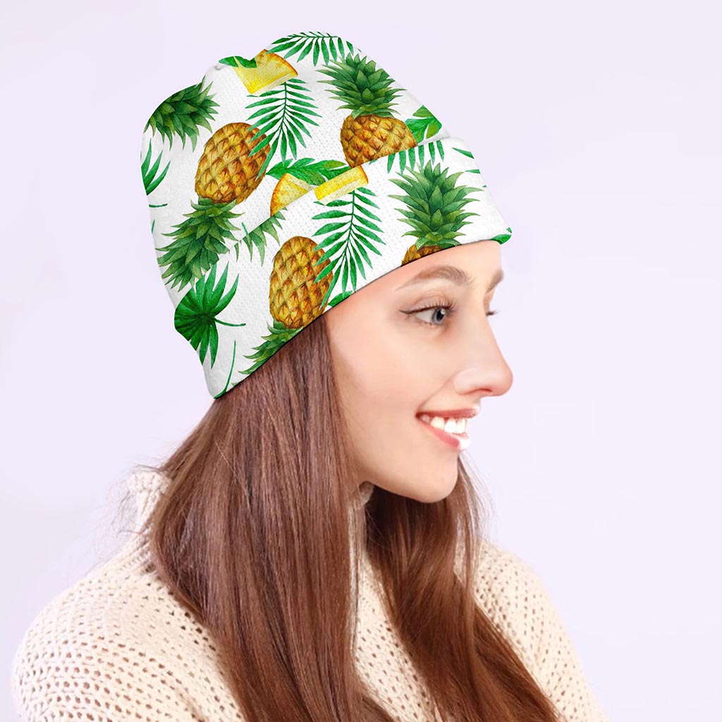 White Watercolor Pineapple Pattern Print Beanie