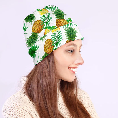 White Watercolor Pineapple Pattern Print Beanie