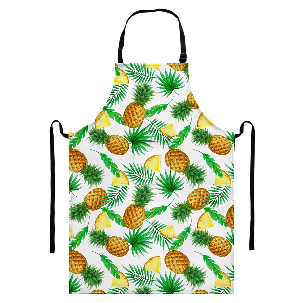 White Watercolor Pineapple Pattern Print Bib Apron With Pocket