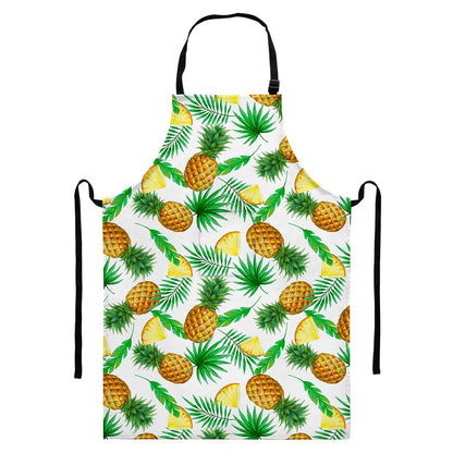 White Watercolor Pineapple Pattern Print Bib Apron With Pocket