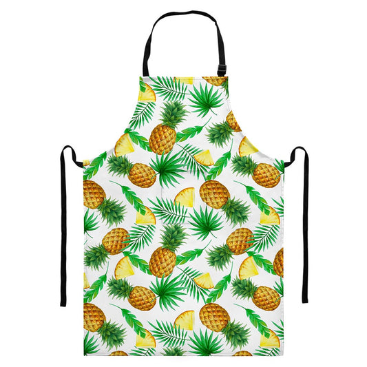 White Watercolor Pineapple Pattern Print Bib Apron With Pocket