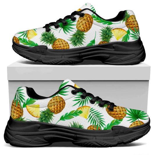 White Watercolor Pineapple Pattern Print Black Chunky Shoes