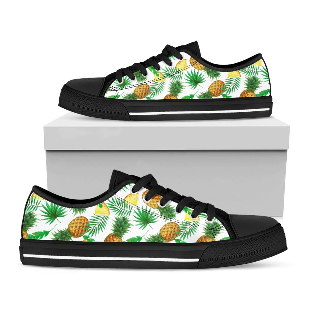 White Watercolor Pineapple Pattern Print Black Low Top Sneakers