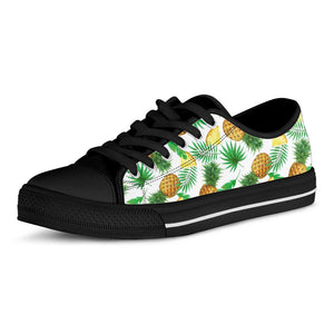 White Watercolor Pineapple Pattern Print Black Low Top Sneakers