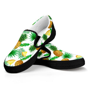 White Watercolor Pineapple Pattern Print Black Slip On Sneakers