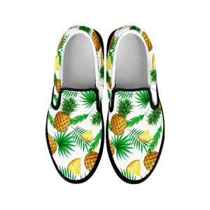 White Watercolor Pineapple Pattern Print Black Slip On Sneakers