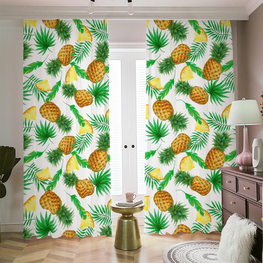 White Watercolor Pineapple Pattern Print Blackout Pencil Pleat Curtains
