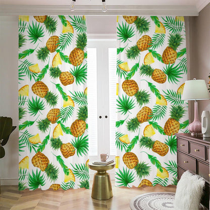 White Watercolor Pineapple Pattern Print Blackout Pencil Pleat Curtains