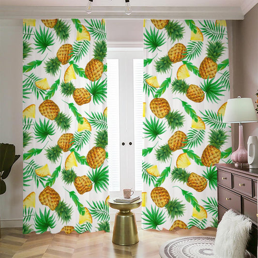 White Watercolor Pineapple Pattern Print Blackout Pencil Pleat Curtains