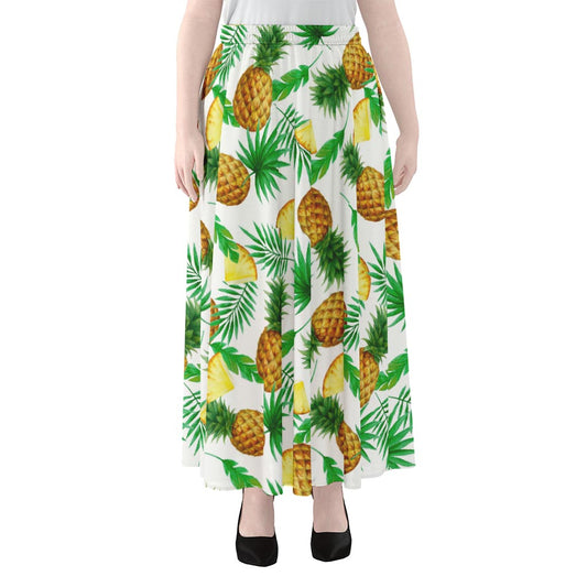 White Watercolor Pineapple Pattern Print Chiffon Maxi Skirt