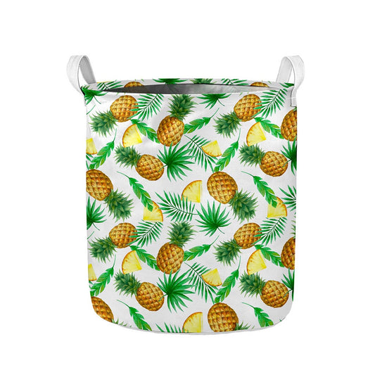 White Watercolor Pineapple Pattern Print Collapsible Laundry Basket