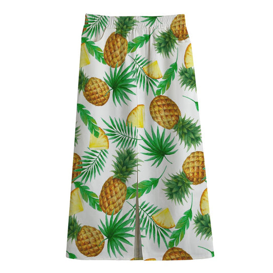 White Watercolor Pineapple Pattern Print Cotton Front Slit Maxi Skirt