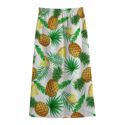 White Watercolor Pineapple Pattern Print Cotton Front Slit Maxi Skirt