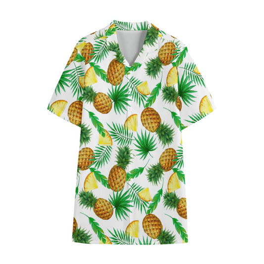 White Watercolor Pineapple Pattern Print Cotton Hawaiian Shirt