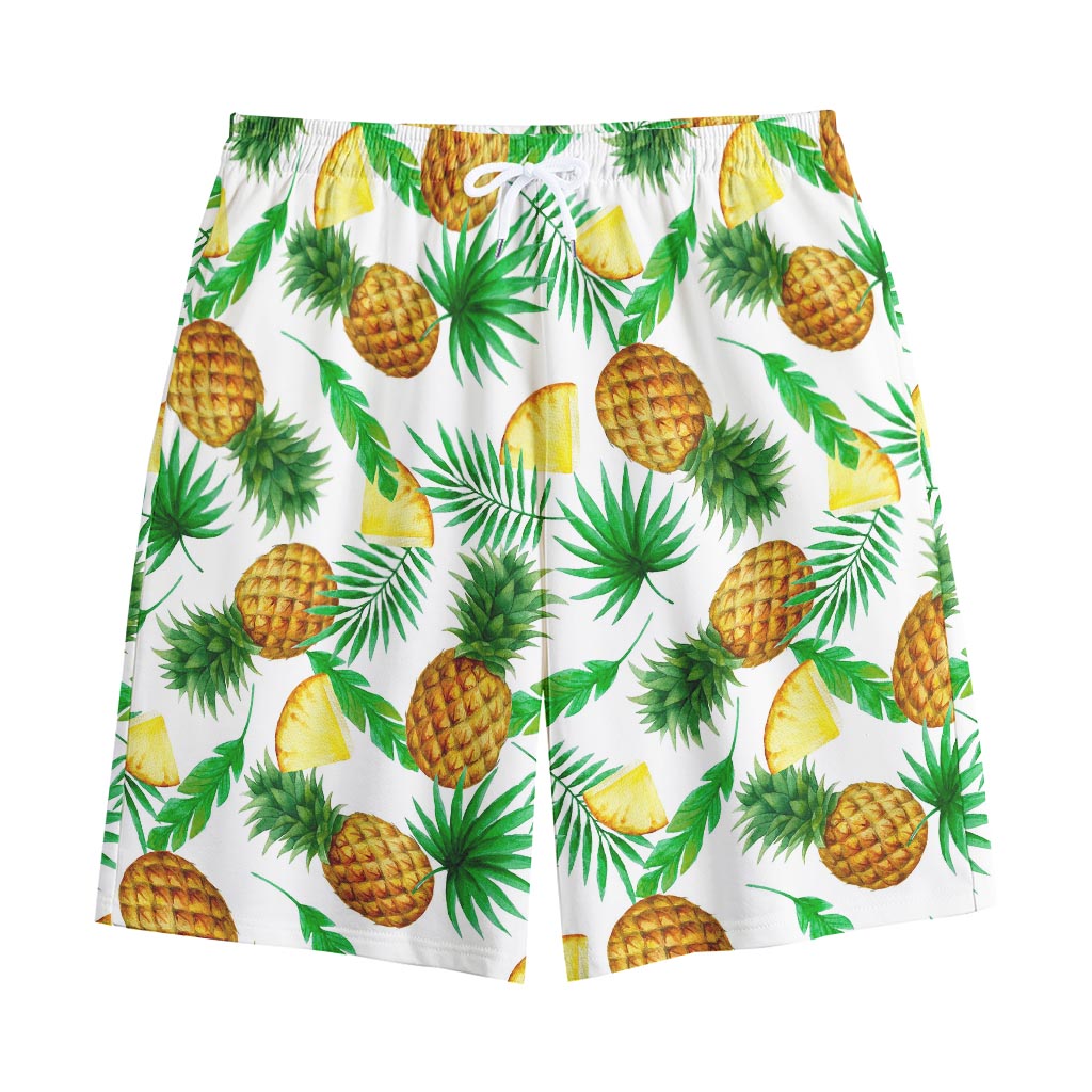 White Watercolor Pineapple Pattern Print Cotton Shorts