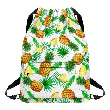 White Watercolor Pineapple Pattern Print Drawstring Backpack