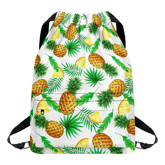 White Watercolor Pineapple Pattern Print Drawstring Backpack