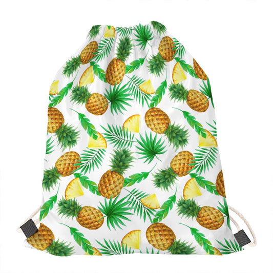 White Watercolor Pineapple Pattern Print Drawstring Bag