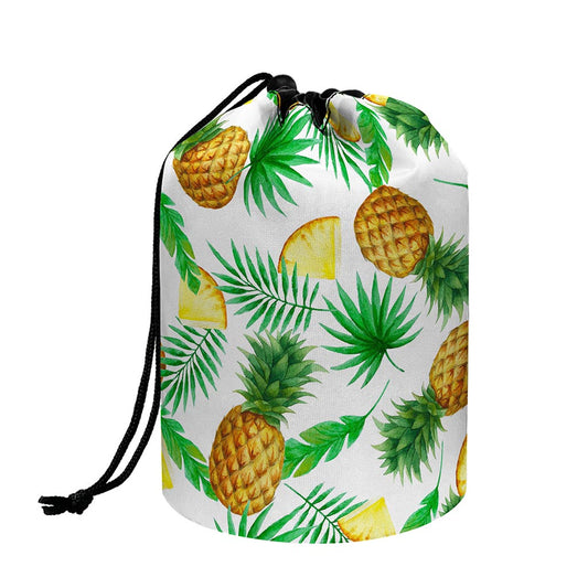 White Watercolor Pineapple Pattern Print Drawstring Makeup Bag