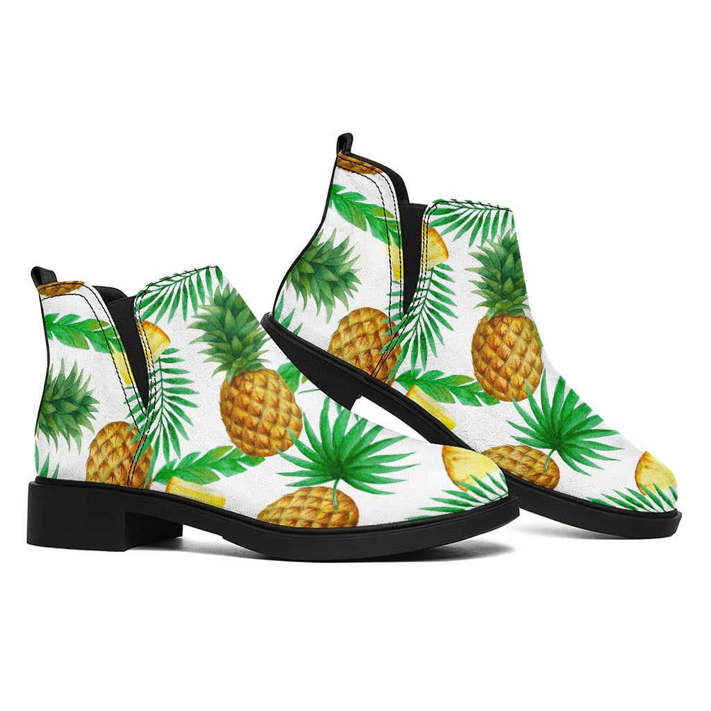 White Watercolor Pineapple Pattern Print Flat Ankle Boots