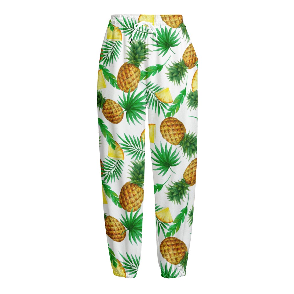 White Watercolor Pineapple Pattern Print Fleece Lined Knit Pants